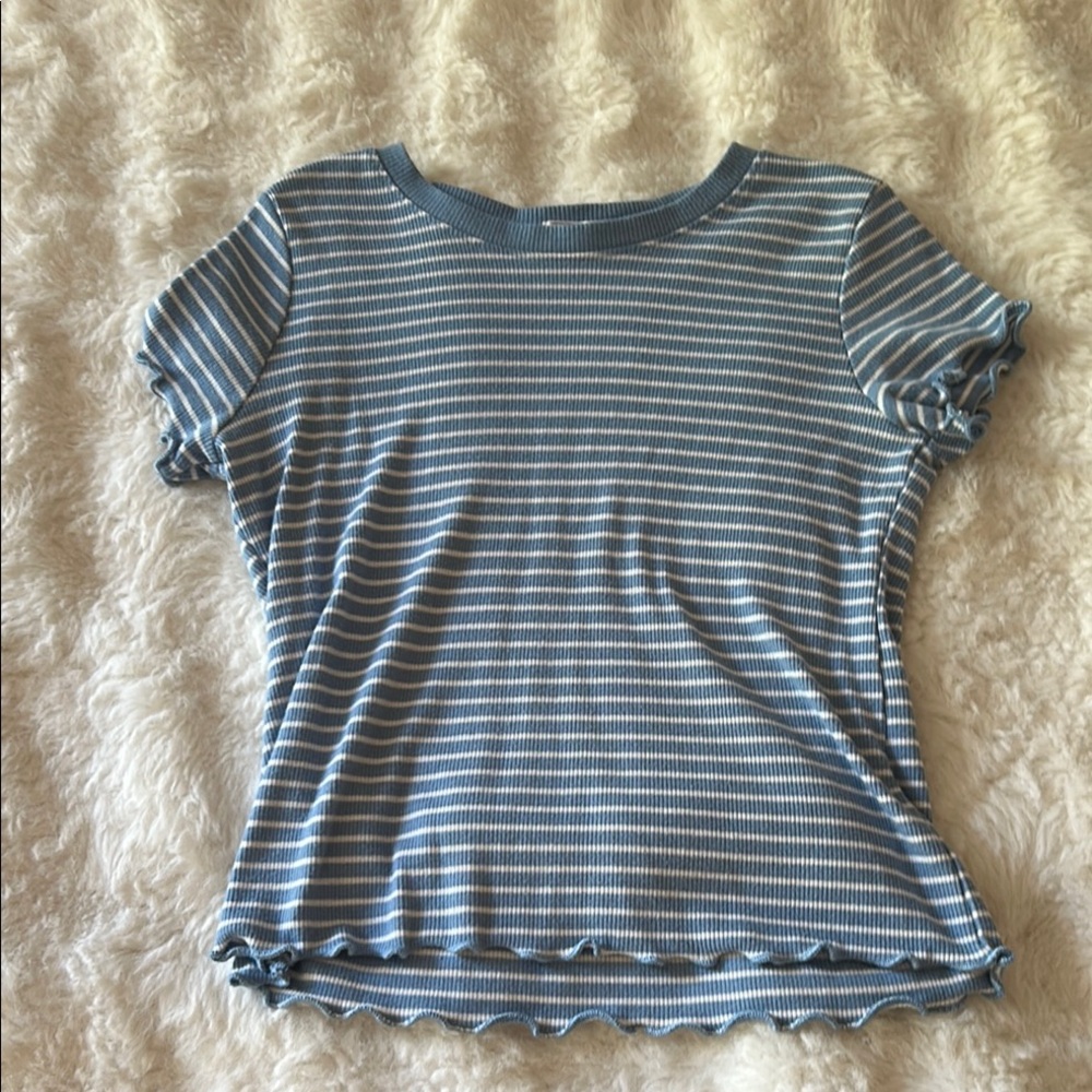 Blue and White Striped Ruffle Hem Top
